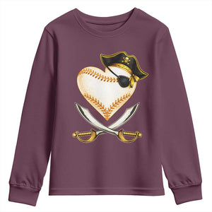 Baseball Pirate Youth Sweatshirt Baseball Heart With Skull TS10 Maroon Print Your Wear