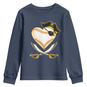 Baseball Pirate Youth Sweatshirt Baseball Heart With Skull TS10 Navy Print Your Wear