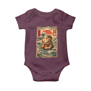 Kawaii Baby Monkey Punch Baby Onesie Vintage Japanese Graphic Cute Macaque Ukiyo-e TS10 Maroon Print Your Wear