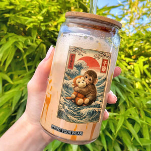 Kawaii Baby Monkey Punch Glass Can Vintage Japanese Graphic Cute Macaque Ukiyo-e TS10 Black Print Your Wear