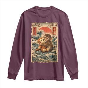 Kawaii Baby Monkey Punch Long Sleeve Shirt Vintage Japanese Graphic Cute Macaque Ukiyo-e TS10 Maroon Print Your Wear