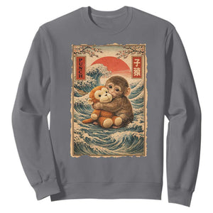 Kawaii Baby Monkey Punch Sweatshirt Vintage Japanese Graphic Cute Macaque Ukiyo-e TS10 Charcoal Print Your Wear