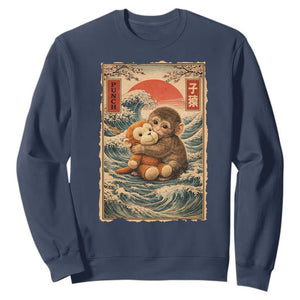 Kawaii Baby Monkey Punch Sweatshirt Vintage Japanese Graphic Cute Macaque Ukiyo-e TS10 Navy Print Your Wear