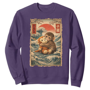 Kawaii Baby Monkey Punch Sweatshirt Vintage Japanese Graphic Cute Macaque Ukiyo-e TS10 Purple Print Your Wear