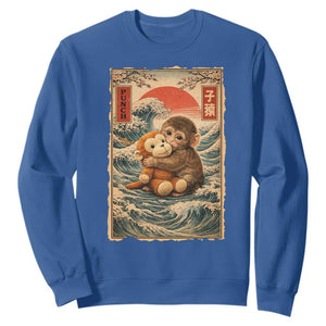 Kawaii Baby Monkey Punch Sweatshirt Vintage Japanese Graphic Cute Macaque Ukiyo-e TS10 Royal Blue Print Your Wear