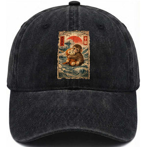 Kawaii Baby Monkey Punch Washed Cotton Baseball Cap Vintage Japanese Graphic Cute Macaque Ukiyo-e TS10 Print Your Wear