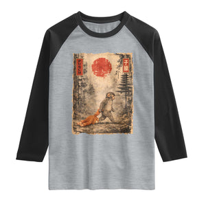 Vintage Japanese Baby Monkey Punch Raglan Shirt Kawaii Macaque Ukiyo-e Art Funny TS10 Heather Gray Black Print Your Wear