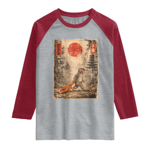 Vintage Japanese Baby Monkey Punch Raglan Shirt Kawaii Macaque Ukiyo-e Art Funny TS10 Heather Gray Heather Red Print Your Wear
