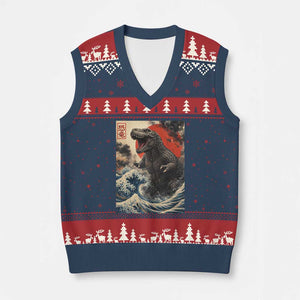 Japanese Dinosaur V-Neck Knit Sweater Vest Vintage Great Wave Monster Epic Giant Monster Ukiyo-e Style TS10 Navy Red Print Your Wear