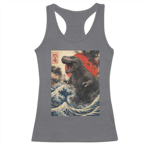 Japanese Dinosaur Racerback Tank Top Vintage Great Wave Monster Epic Giant Monster Ukiyo-e Style TS10 Charcoal Print Your Wear