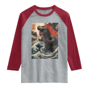 Japanese Dinosaur Raglan Shirt Vintage Great Wave Monster Epic Giant Monster Ukiyo-e Style TS10 Heather Gray Heather Red Print Your Wear