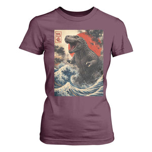 Japanese Dinosaur T Shirt For Women Vintage Great Wave Monster Epic Giant Monster Ukiyo-e Style TS10 Maroon Print Your Wear