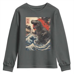 Japanese Dinosaur Youth Sweatshirt Vintage Great Wave Monster Epic Giant Monster Ukiyo-e Style TS10 Dark Heather Print Your Wear