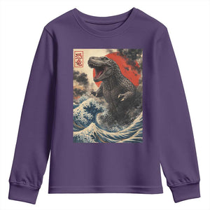 Japanese Dinosaur Youth Sweatshirt Vintage Great Wave Monster Epic Giant Monster Ukiyo-e Style TS10 Purple Print Your Wear