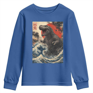 Japanese Dinosaur Youth Sweatshirt Vintage Great Wave Monster Epic Giant Monster Ukiyo-e Style TS10 Royal Blue Print Your Wear