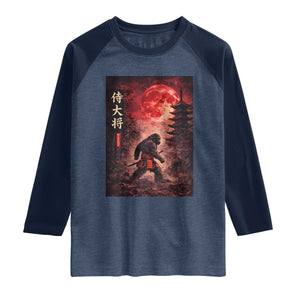 Samurai Bigfoot Raglan Shirt Vintage Japanese Graphic Ukiyo-e Art Sasquatch Red Moon TS10 Heather Denim Navy Print Your Wear