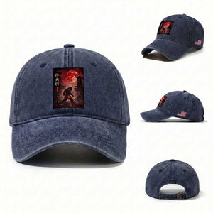 Samurai Bigfoot Washed Cotton Baseball Cap Vintage Japanese Graphic Ukiyo-e Art Sasquatch Red Moon TS10 Washed Cap Universal Fit Navy Print Your Wear