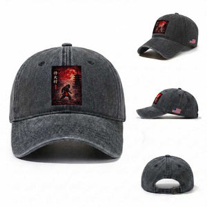 Samurai Bigfoot Washed Cotton Baseball Cap Vintage Japanese Graphic Ukiyo-e Art Sasquatch Red Moon TS10 Washed Cap Universal Fit Dark Gray Print Your Wear