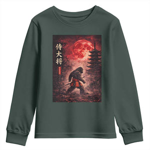Samurai Bigfoot Youth Sweatshirt Vintage Japanese Graphic Ukiyo-e Art Sasquatch Red Moon TS10 Dark Forest Green Print Your Wear