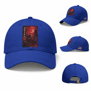 Vintage Sea Monster Baseball Cap Horror Japanese Octopus Mythology Temple Red Moon TS10 Baseball Cap Universal Fit Royal Blue Print Your Wear