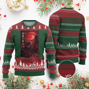 Vintage Sea Monster Ugly Christmas Sweater Horror Japanese Octopus Mythology Temple Red Moon TS10 Red Green Print Your Wear