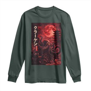 Vintage Sea Monster Long Sleeve Shirt Horror Japanese Octopus Mythology Temple Red Moon TS10 Dark Forest Green Print Your Wear
