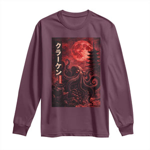 Vintage Sea Monster Long Sleeve Shirt Horror Japanese Octopus Mythology Temple Red Moon TS10 Maroon Print Your Wear
