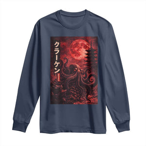 Vintage Sea Monster Long Sleeve Shirt Horror Japanese Octopus Mythology Temple Red Moon TS10 Navy Print Your Wear