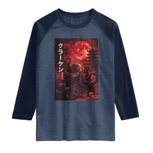Vintage Sea Monster Raglan Shirt Horror Japanese Octopus Mythology Temple Red Moon TS10 Heather Denim Navy Print Your Wear