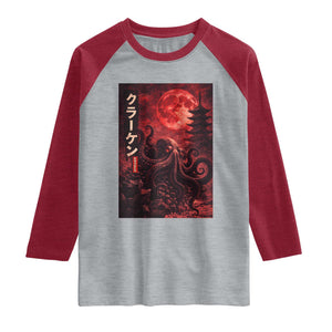Vintage Sea Monster Raglan Shirt Horror Japanese Octopus Mythology Temple Red Moon TS10 Heather Gray Heather Red Print Your Wear
