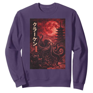 Vintage Sea Monster Sweatshirt Horror Japanese Octopus Mythology Temple Red Moon TS10 Purple Print Your Wear