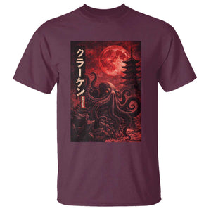 Vintage Sea Monster T Shirt Horror Japanese Octopus Mythology Temple Red Moon TS10 Maroon Print Your Wear