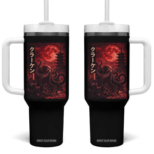 Vintage Sea Monster Tumbler With Handle Horror Japanese Octopus Mythology Temple Red Moon TS10 One Size: 40 oz Black Print Your Wear