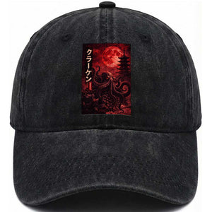Vintage Sea Monster Washed Cotton Baseball Cap Horror Japanese Octopus Mythology Temple Red Moon TS10 Print Your Wear