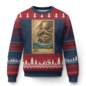Vintage Japanese Sea Monster Ugly Christmas Sweater Retro Mythology Newspaper Ukiyo-e Art TS10 Navy Red Print Your Wear