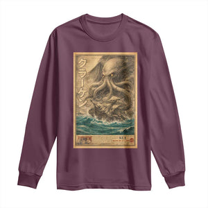 Vintage Japanese Sea Monster Long Sleeve Shirt Retro Mythology Newspaper Ukiyo-e Art TS10 Maroon Print Your Wear