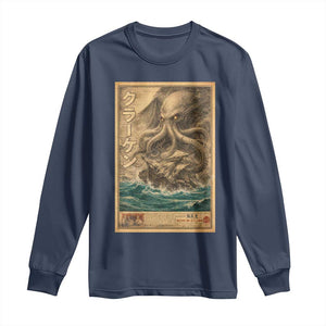 Vintage Japanese Sea Monster Long Sleeve Shirt Retro Mythology Newspaper Ukiyo-e Art TS10 Navy Print Your Wear