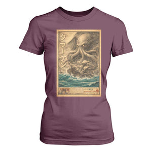 Vintage Japanese Sea Monster T Shirt For Women Retro Mythology Newspaper Ukiyo-e Art TS10 Maroon Print Your Wear