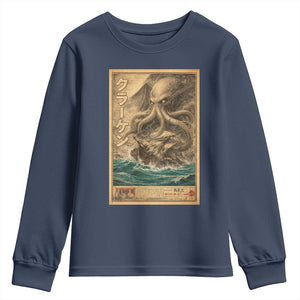Vintage Japanese Sea Monster Youth Sweatshirt Retro Mythology Newspaper Ukiyo-e Art TS10 Navy Print Your Wear