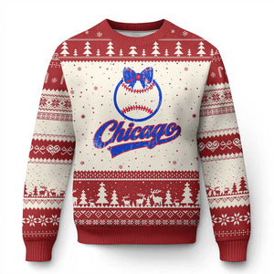 Chicago Coquette Bow Ugly Christmas Sweater Cute Girls Kids Women Baseball Fans TS10 Beige Red Print Your Wear