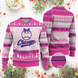 Chicago Coquette Bow Ugly Christmas Sweater Cute Girls Kids Women Baseball Fans TS10 Hot Pink Print Your Wear