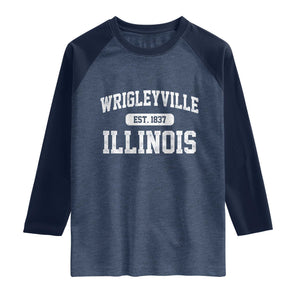 Wrigleyville Illinois Raglan Shirt Vintage Chicago Classic Distressed Baseball Fan Gift TS10 Heather Denim Navy Print Your Wear