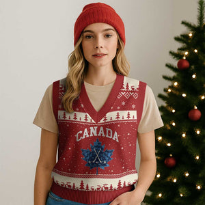 Vintage Canada Hockey V-Neck Knit Sweater Vest Maple Leafs TS10 Red Beige Print Your Wear