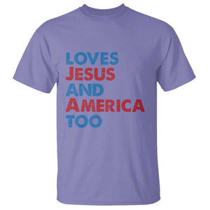 Loves Jesus and America Too T Shirt 4th of July Patriotic TS10 Violet Print Your Wear