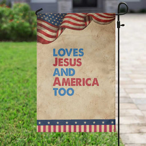 Loves Jesus and America Too Garden Flag 4th of July Patriotic TS10 Vintage Rustic Tan Navy Print Your Wear