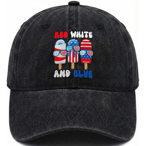 Red White Blue Popsicle 4th of July Washed Cotton Baseball Cap Patriotic USA Flag TS10 Washed Cap Universal Fit Black Print Your Wear