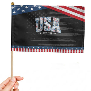Floral USA Patriotic Handheld Flag Est 1776 American Girl 4th of July TS10 Distressed 8.2" × 5.5" Black Blue Print Your Wear