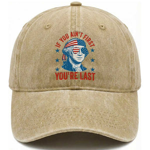 Funny 4th Of July Washed Cotton Baseball Cap George Washington Stay Strapped Or Get Clapped TS10 Washed Cap Universal Fit Khaki Print Your Wear
