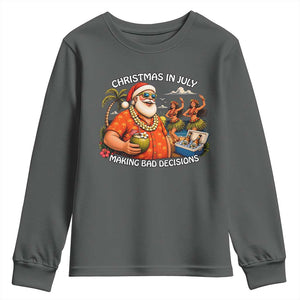 Funny Christmas in July Making Bad Decisions Youth Sweatshirt Tropical Santa Hawaiian Summer Holiday Party TS10 Dark Heather Print Your Wear