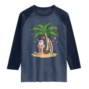 Funny Christmas In July Beach Raglan Shirt Mankini Santa Summer Swimsuit Summer Holiday Vacation Graphic TS10 Heather Denim Navy Print Your Wear